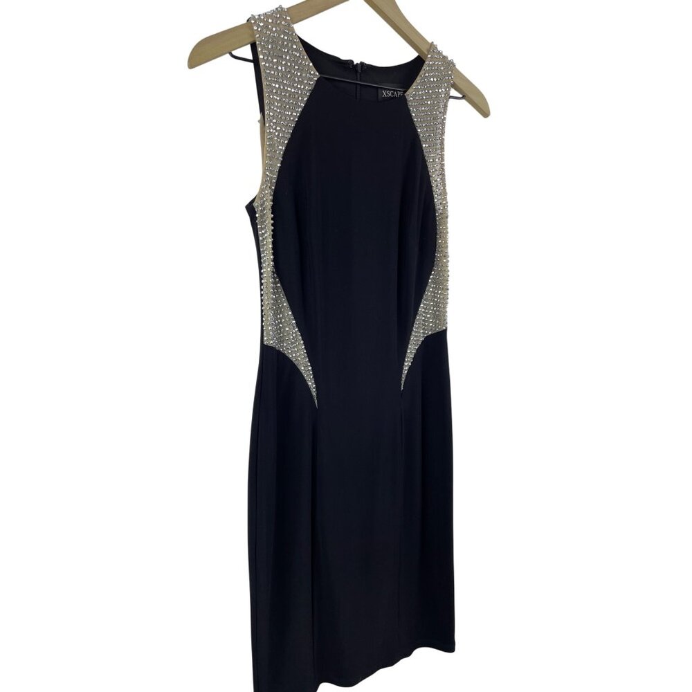 Xscape Women's 4 Sheer Rhinestone Illusion Sleeveless Cocktail Dress LBD Black - Picture 4 of 9